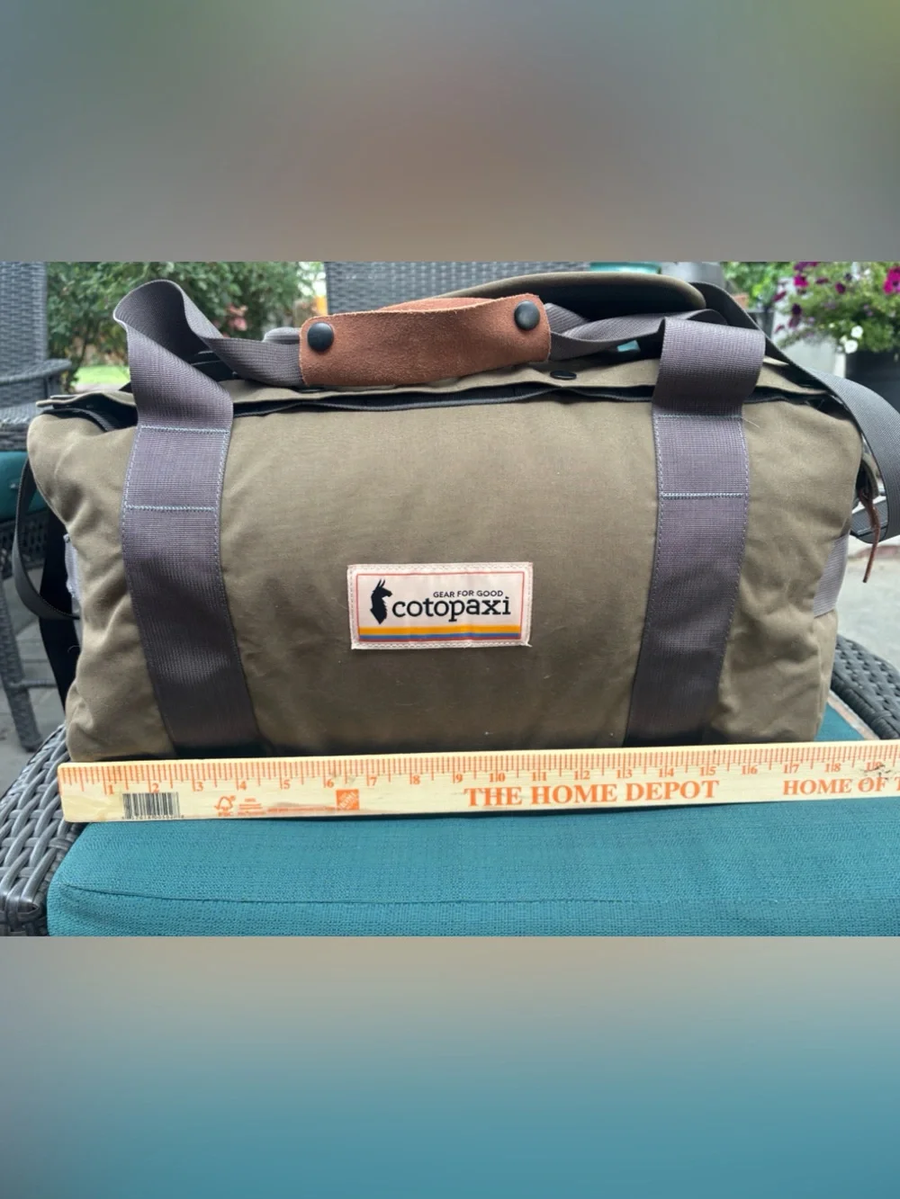 cotopaxi Olive Brown Canvas Duffel Bag with Gray Straps